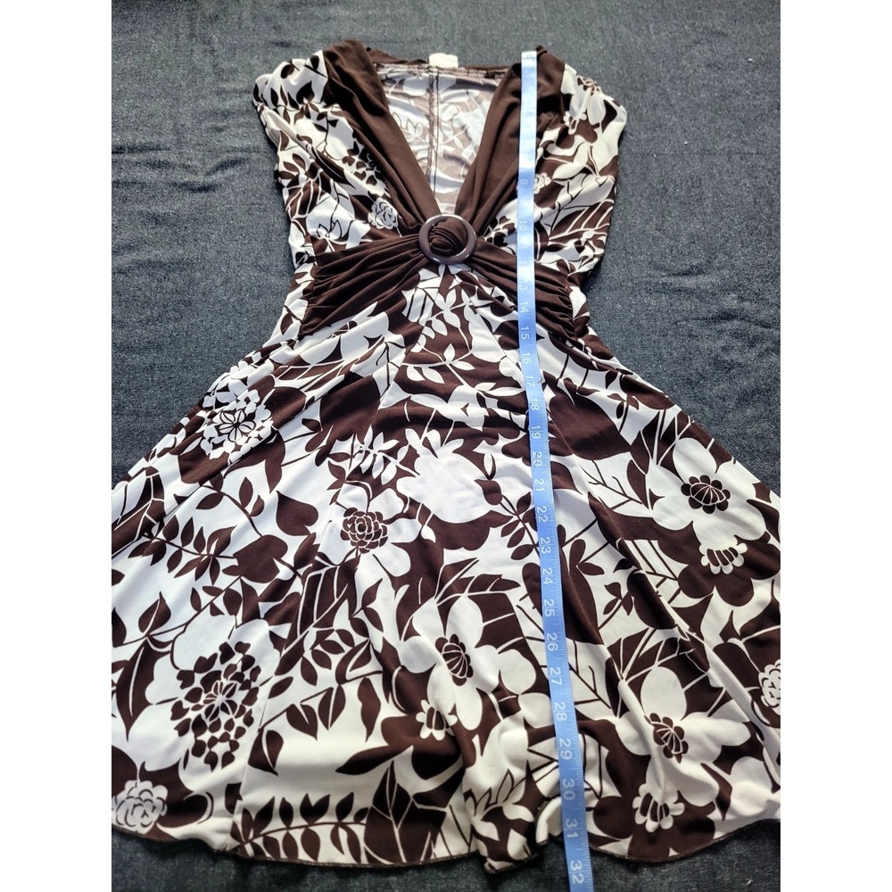 Vintage 90s Y2K Brown White Floral Dress La Belle Stretch Tropical S V Neck - Picture 11 of 12
